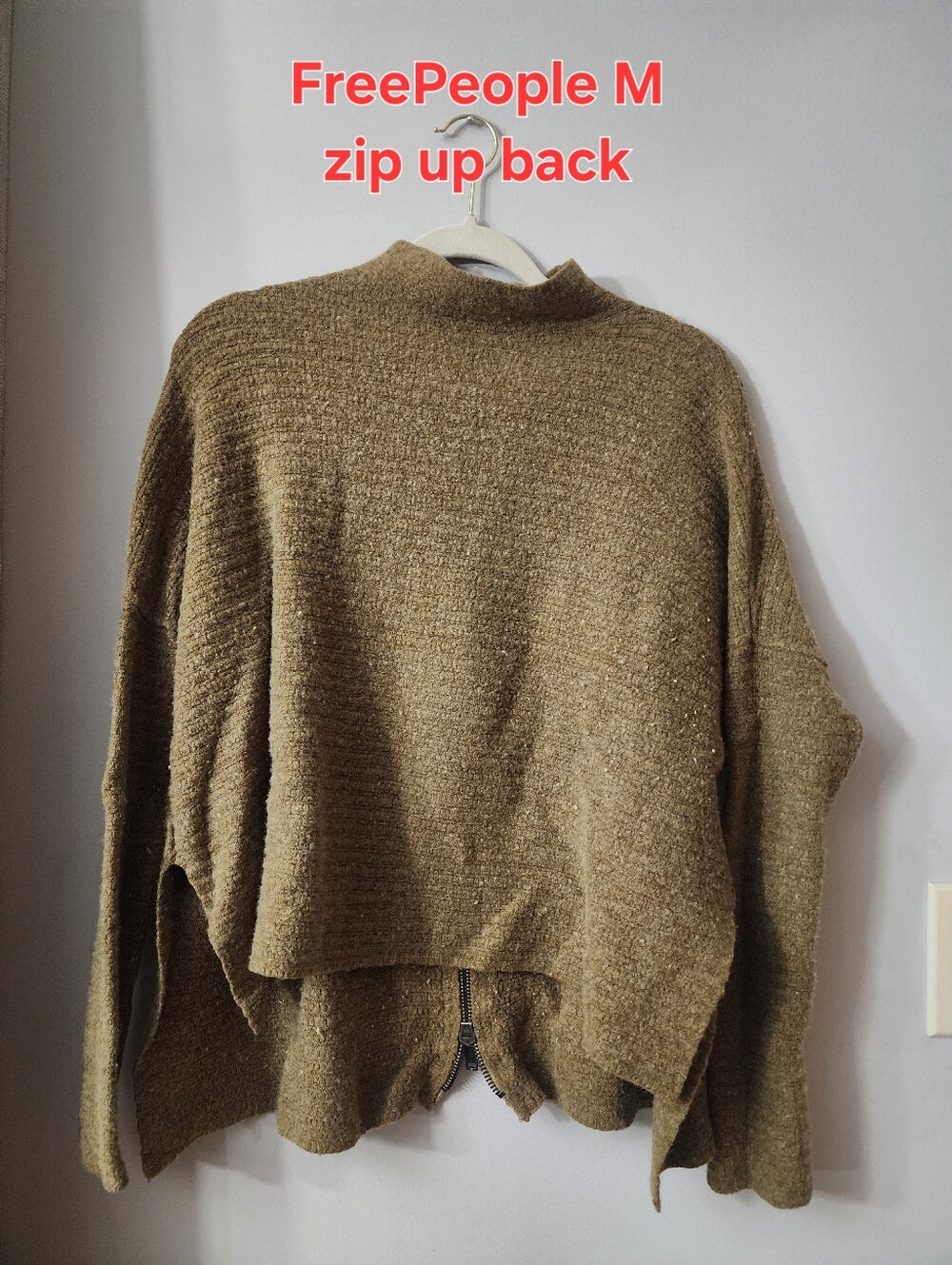 Free People Olive Zip-Back Dropped Shoulder Sweater